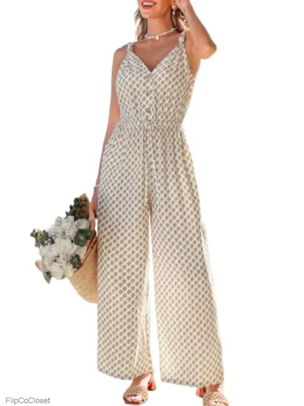 Womens Sleeveless Wide Leg Jumpsuit Loose Romper with Pockets